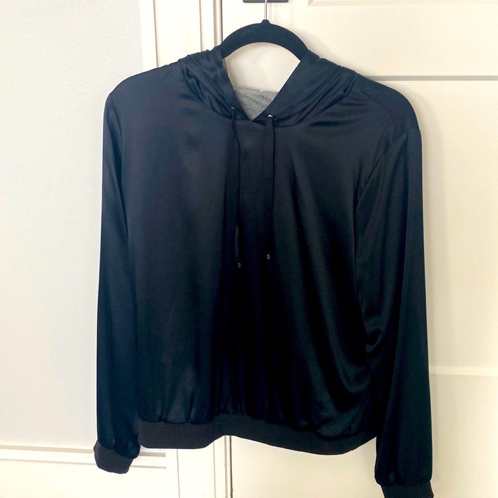 Reversible silk hooded top. Black side satin, gray side cotton.